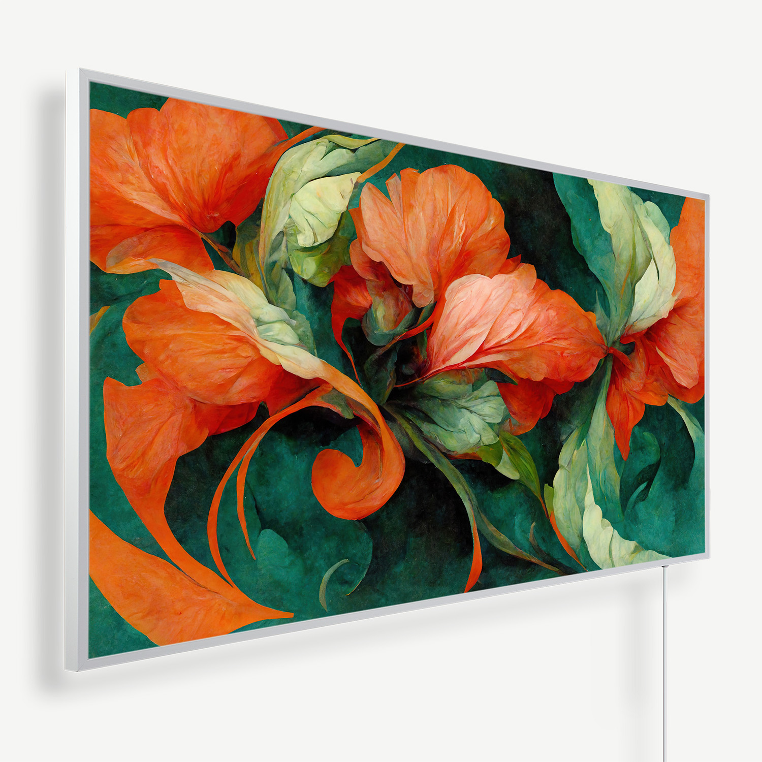 Tableau encadré de fleurs orange avec des feuilles vertes sur un mur clair.
