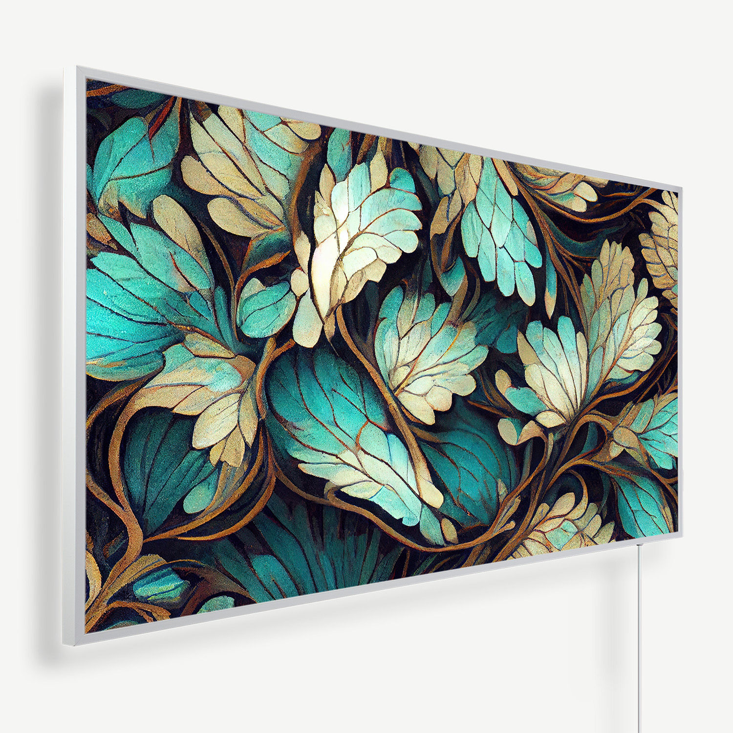 Framed artwork of turquoise leaves with brown veins mounted on a white wall, viewed at an angle.