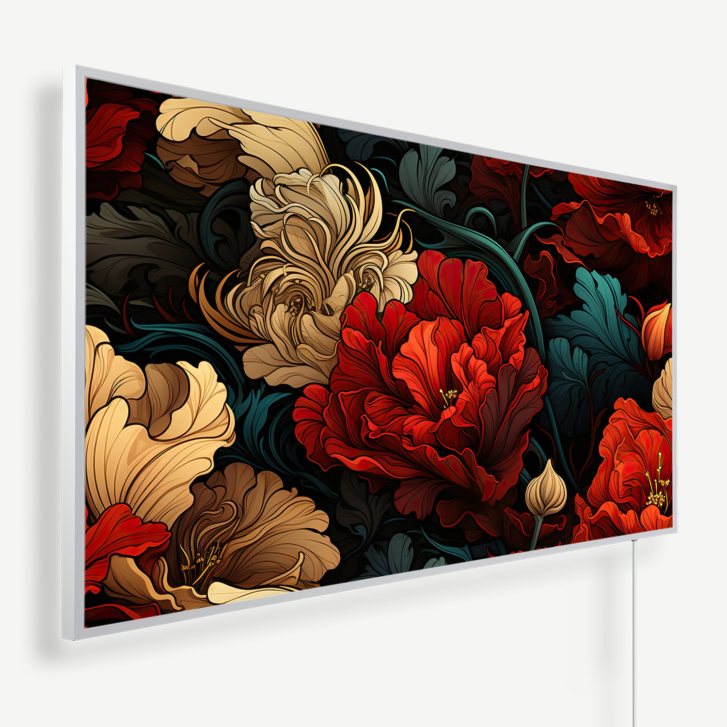Slim silver-framed floral artwork mounted on a white wall, featuring bold red and cream flowers on a dark background