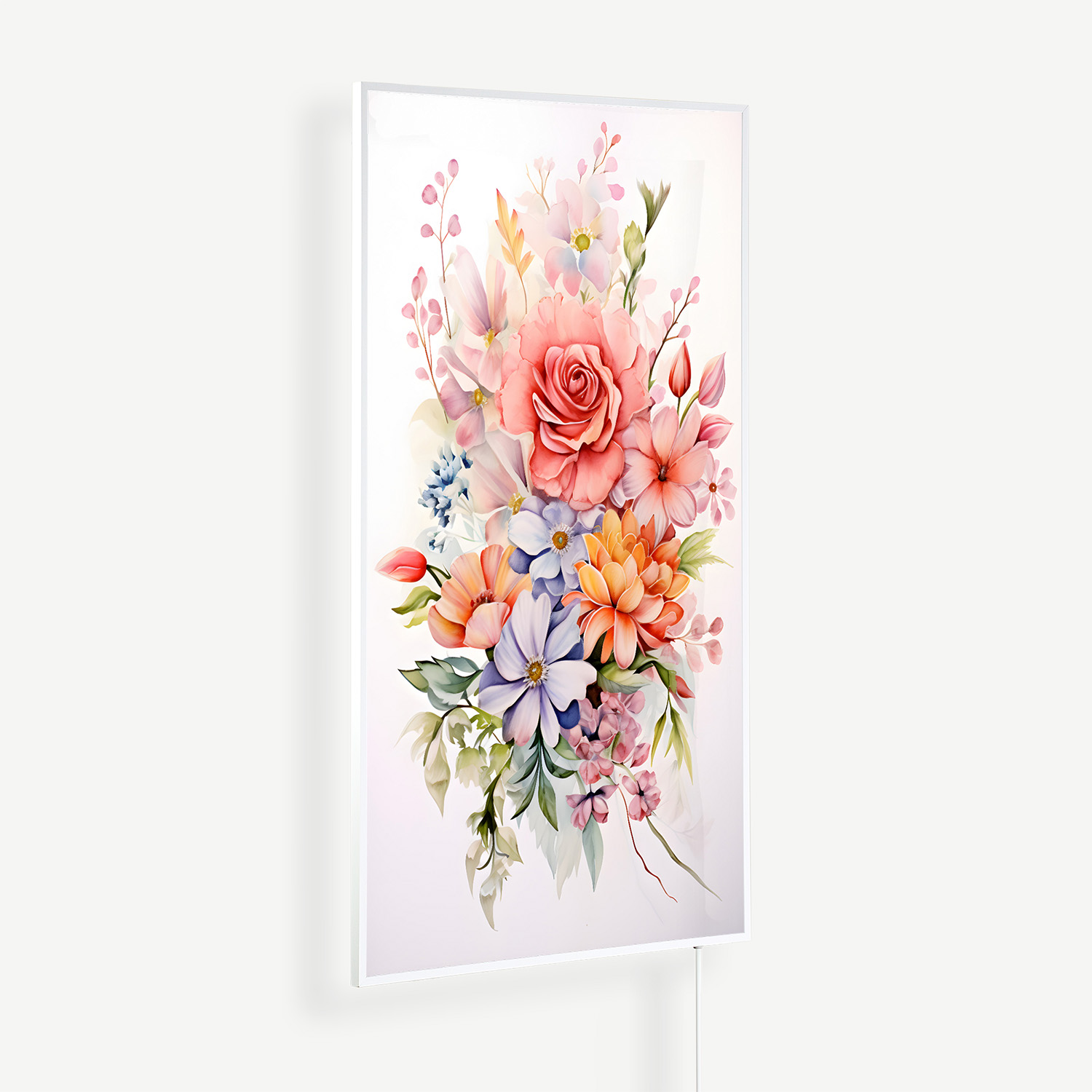 Vertical framed floral artwork showing a pastel bouquet of pink, coral, and blue flowers on a white background.
