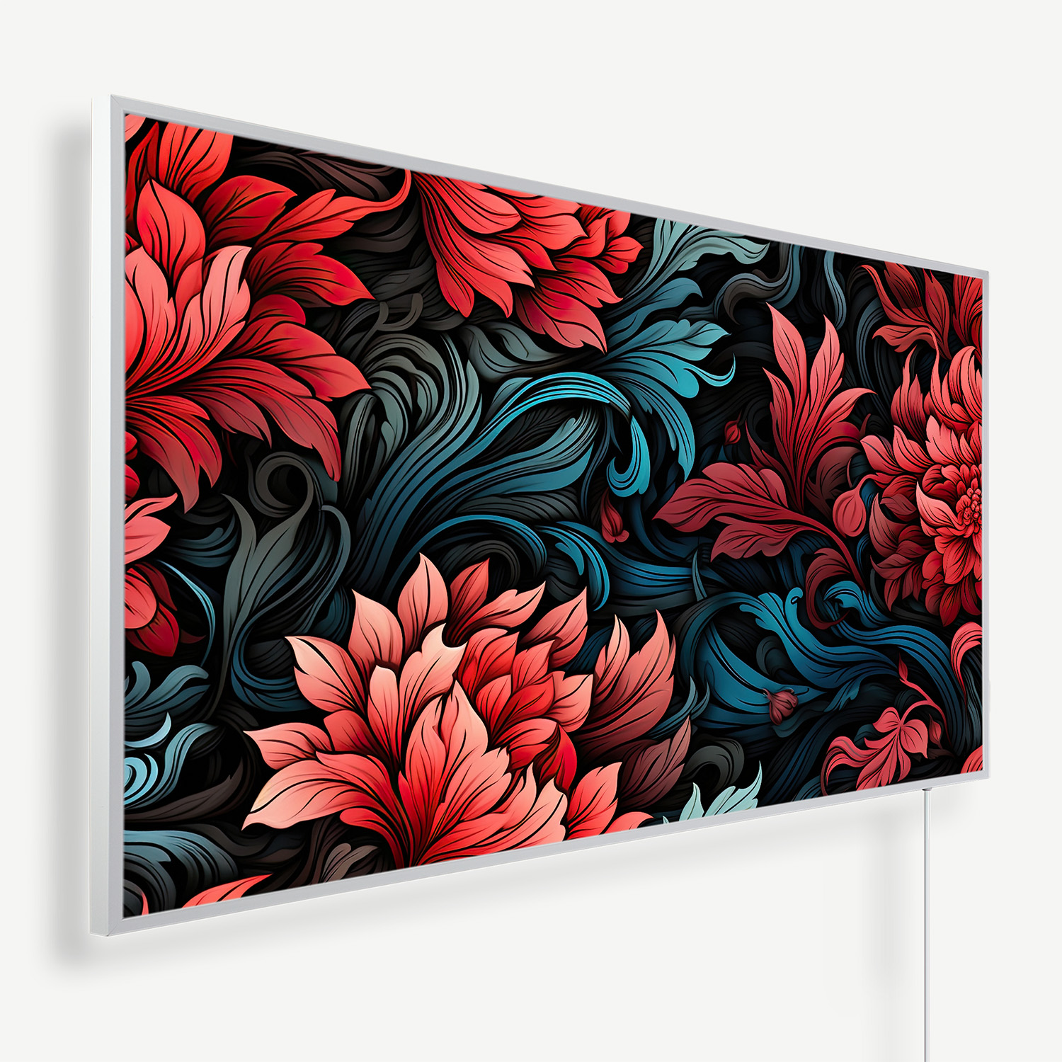 Œuvre d'art florale abstraite encadrée avec des tourbillons rouges et turquoise sur fond noir accrochée à un mur