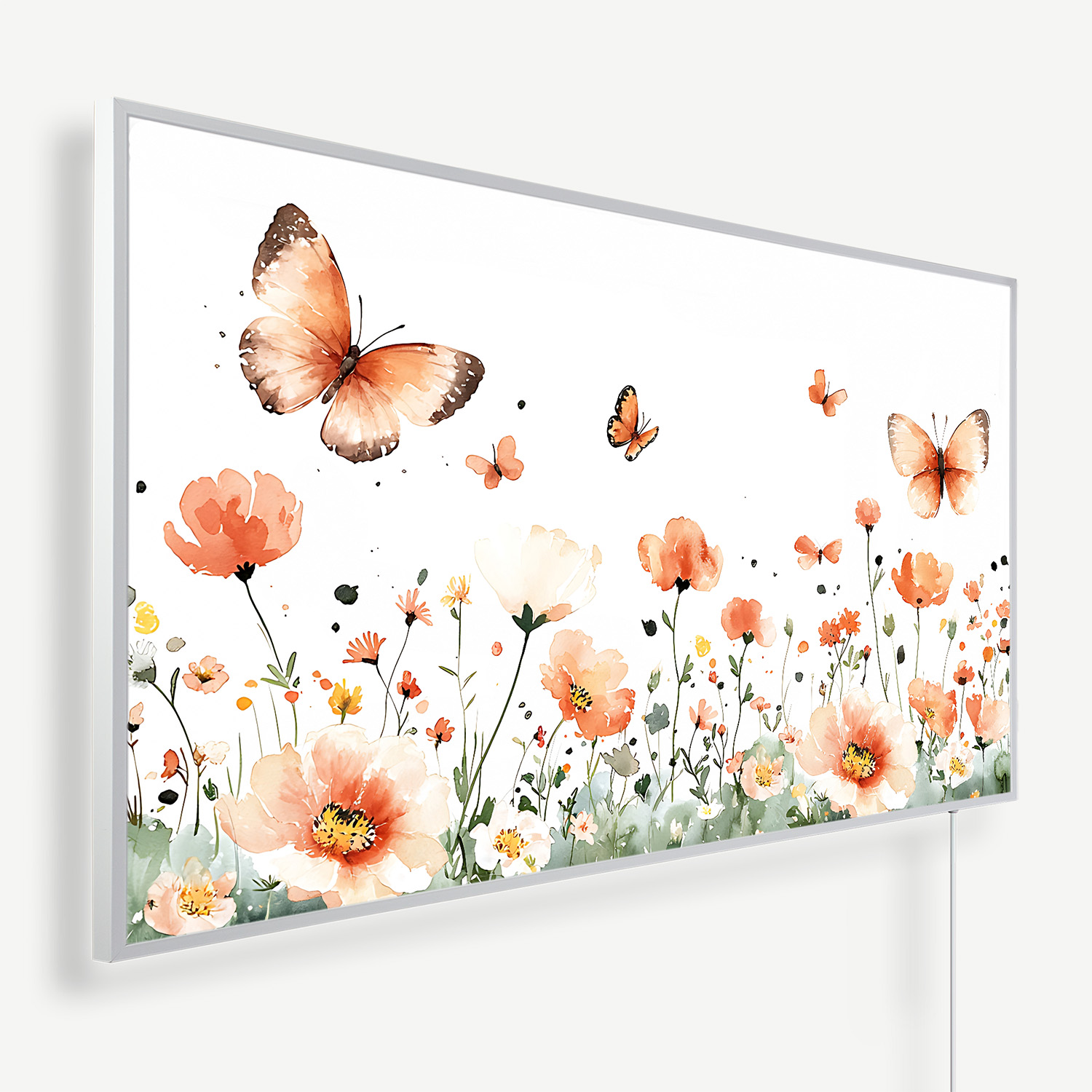 Watercolor artwork of orange butterflies and peach flowers in a silver-framed frame on a white wall, decorative wall art.