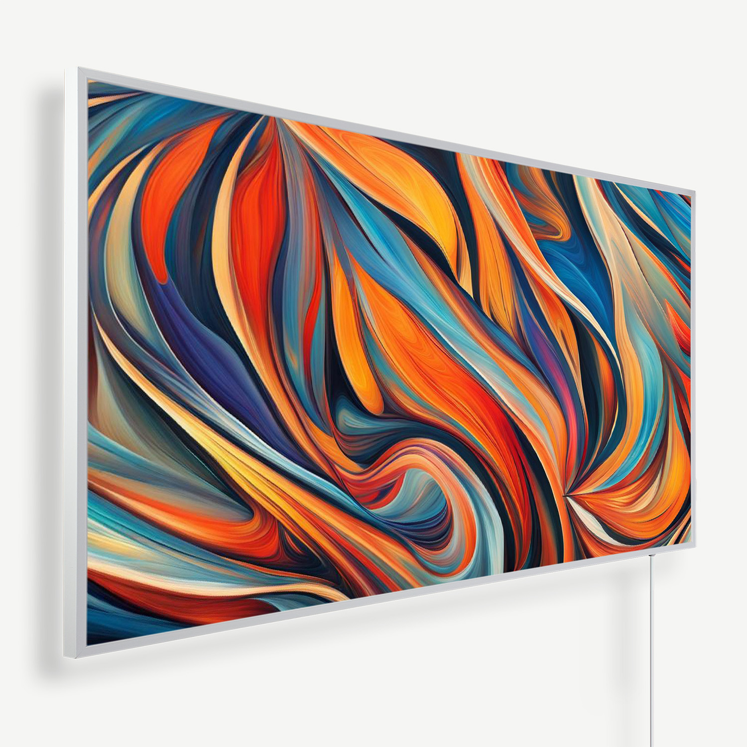Grand écran plat fixé sur un mur blanc affichant un tourbillon abstrait de formes orange, bleue et jaune.