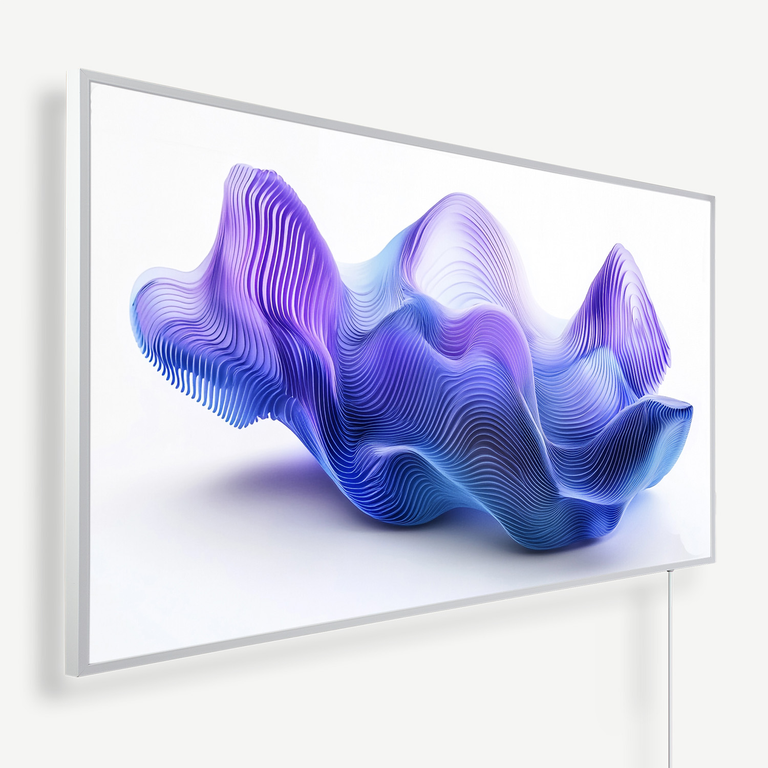 Abstract purple and blue wave sculpture displayed on a large flat-screen monitor mounted on a wall.