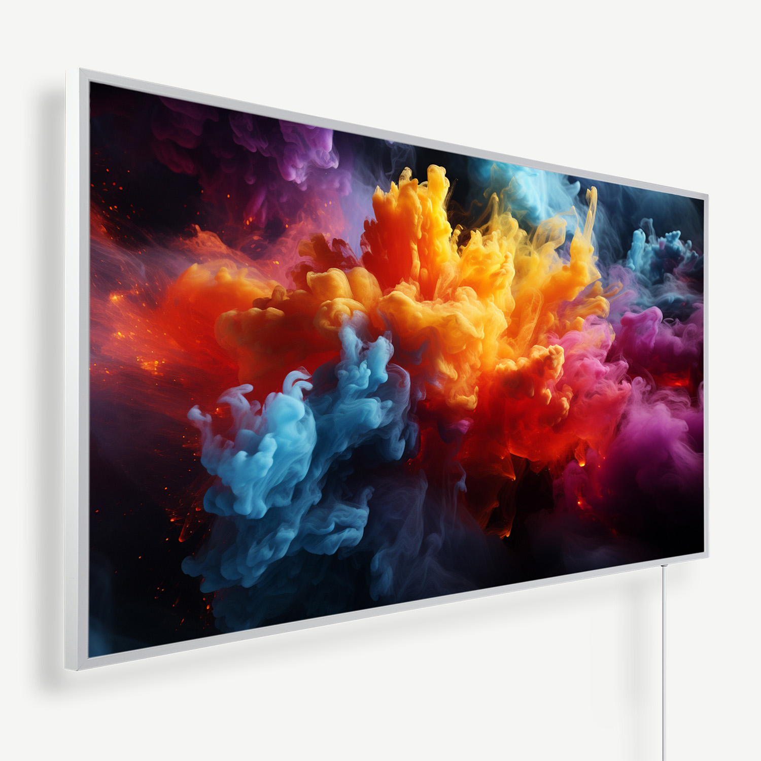 Téléviseur à écran plat avec un fin cadre argenté affichant une œuvre d'art représentant de la fumée tourbillonnante orange, bleue et violette à l'écran.