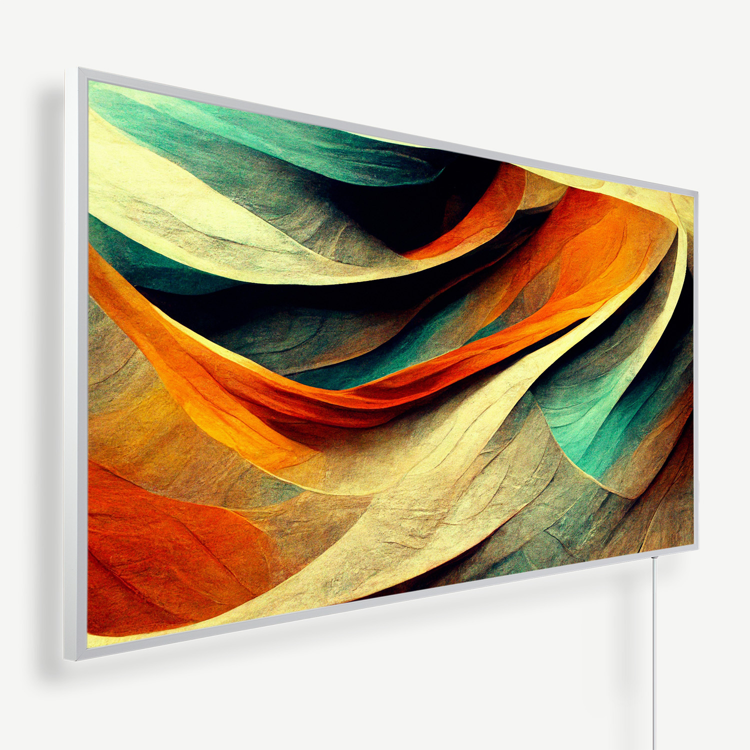 Œuvre d'art abstraite encadrée avec des couches incurvées superposées orange, bleu sarcelle et jaune.