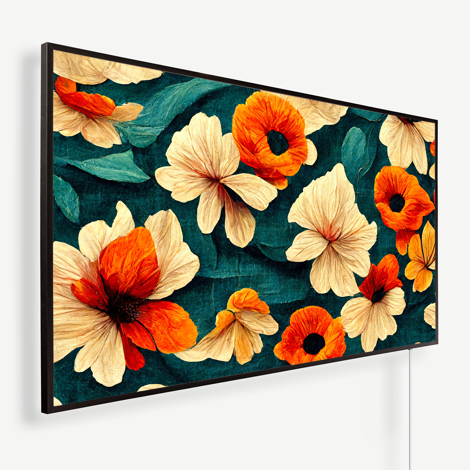 An der Wand montierter Flachbildschirm, der eine lebendige Blümchentapete mit orangen und cremefarbenen Blumen auf einem türkisfarbenen Hintergrund zeigt