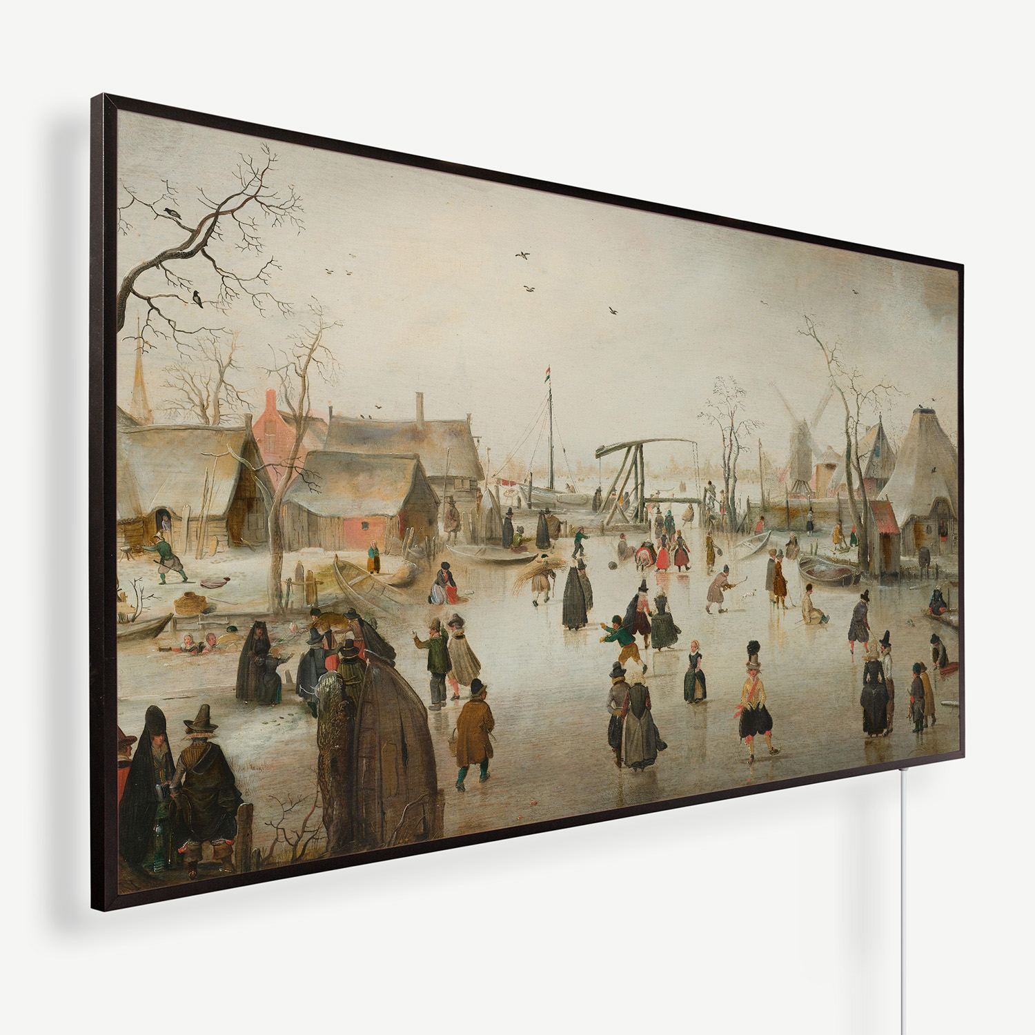 Painted winter scene of a village by the river with people skating on a frozen surface, thatched houses and bare trees.