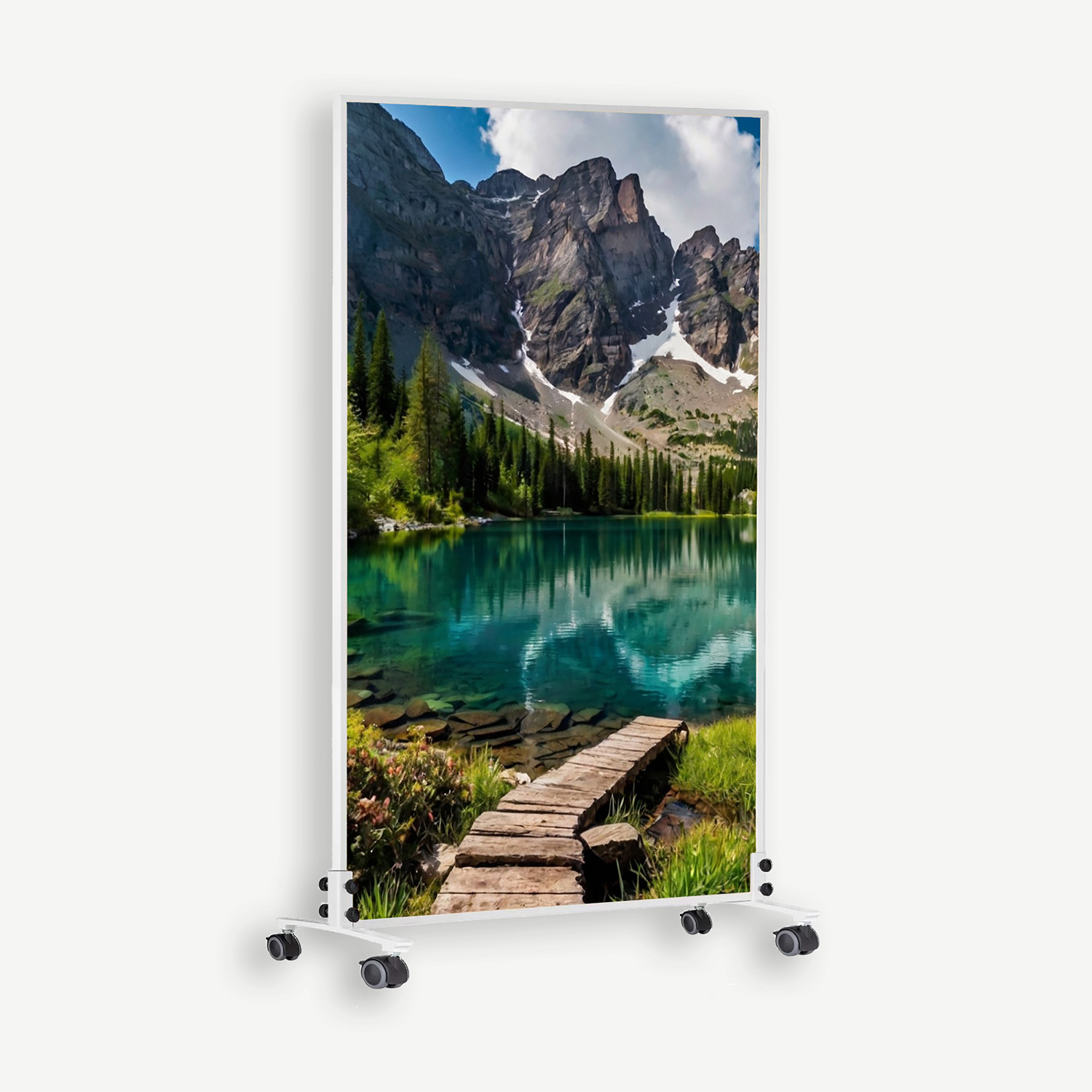 Tall white-framed landscape display on a wheeled stand showing a mountain lake scene with pine trees and rocky peaks
