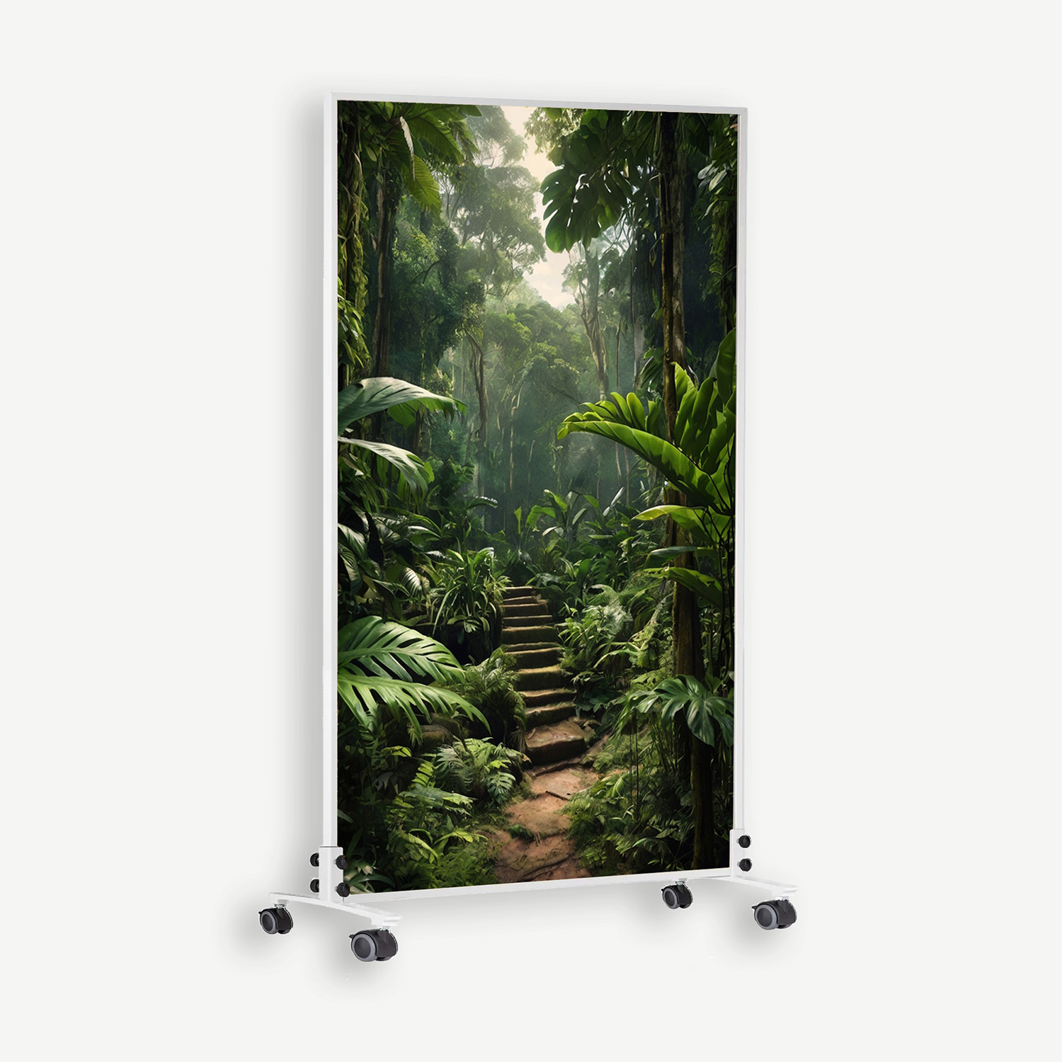 Tall white-framed display on wheels showing a dense tropical jungle with a stone path winding into the trees.