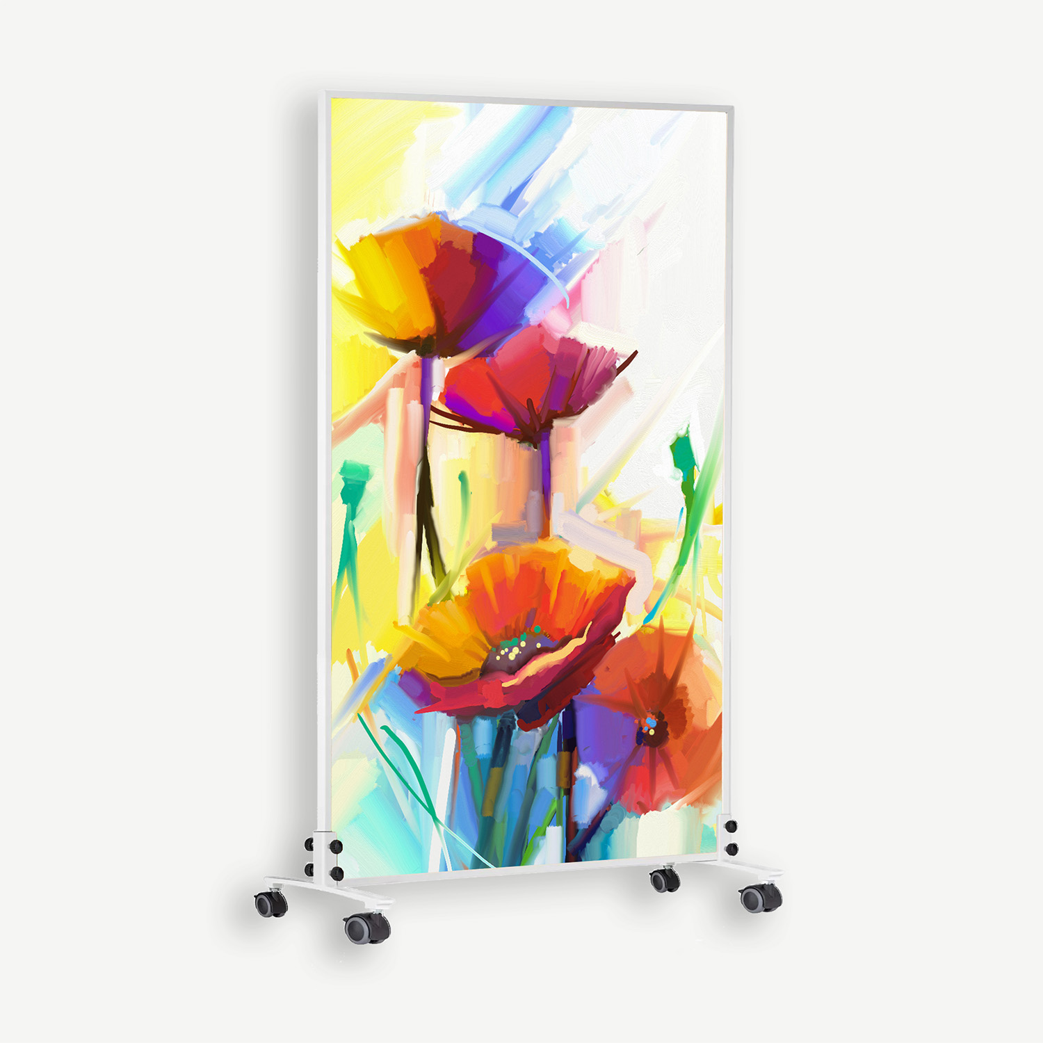 Vertical framed abstract floral painting in bright yellows, blues, reds and oranges on a white wheeled display stand