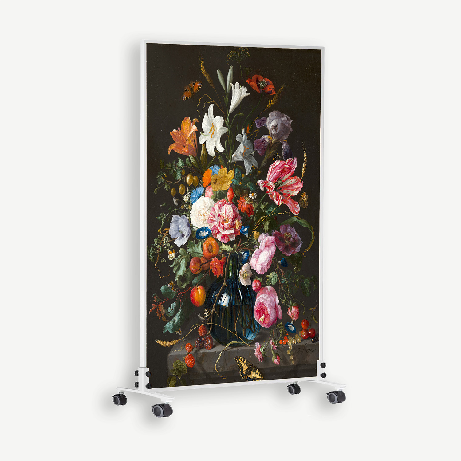 Tall framed still-life painting of a colorful flower bouquet in a blue vase on a wheeled display stand against a dark background, viewed from the side.