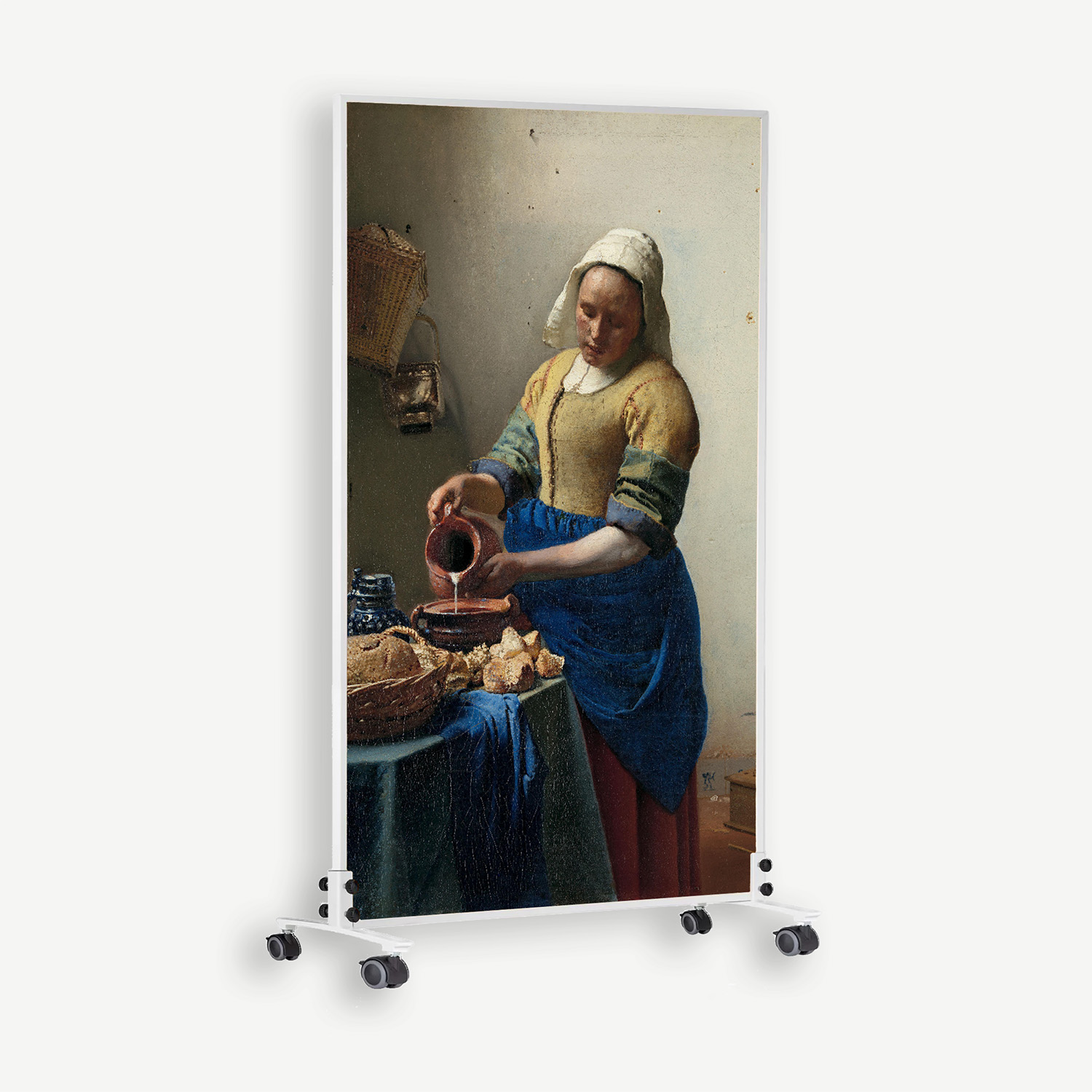 Reproduction of a classical painting showing a woman pouring milk into a bowl at a table with bread, wearing a white headscarf and yellow bodice with a blue apron.