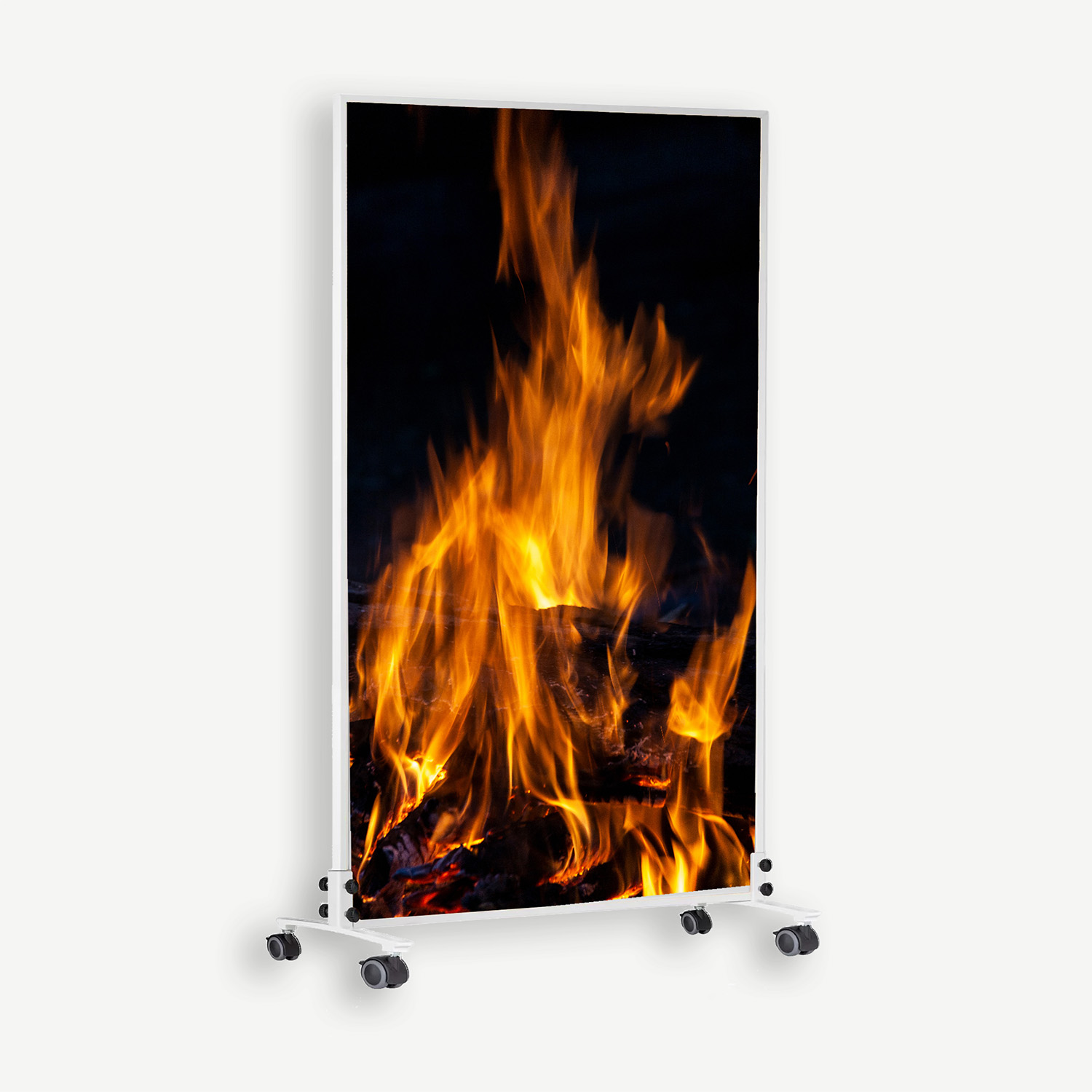 Tall freestanding screen on a wheeled stand displaying a bright fireplace flame against a dark background (decorative screen).
