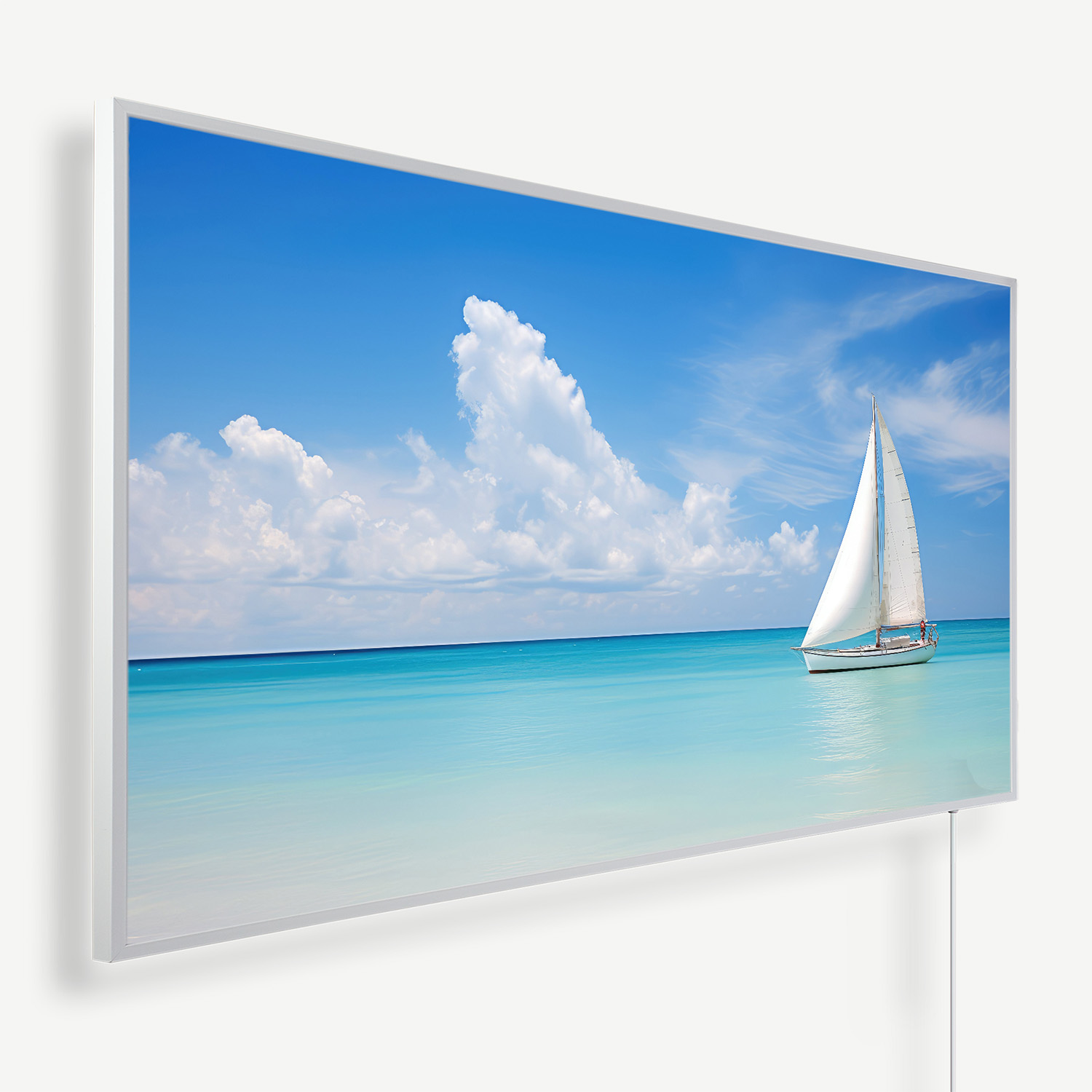 Flat-screen TV displaying a sailboat on a turquoise sea under a bright blue sky with clouds.