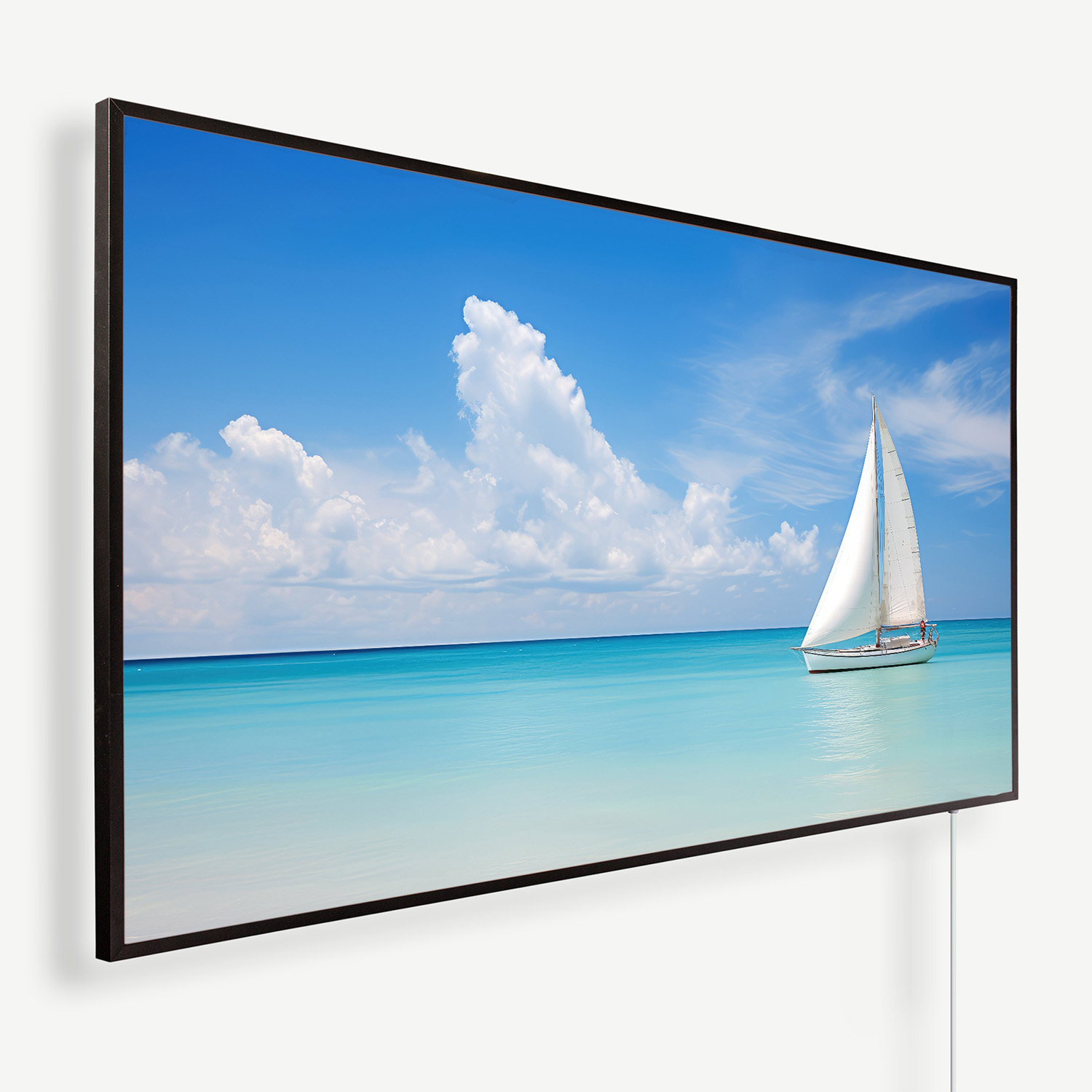 Flat-screen monitor mounted on a white wall displaying a sailboat on bright turquoise water under a blue sky with clouds.