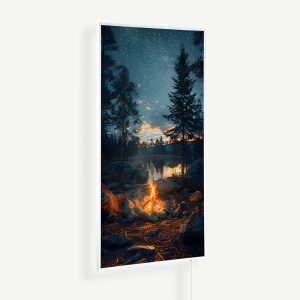 Kampvuur bij meer in het bos | Witte of zwarte lijst | 450 Watt - 1200 Watt