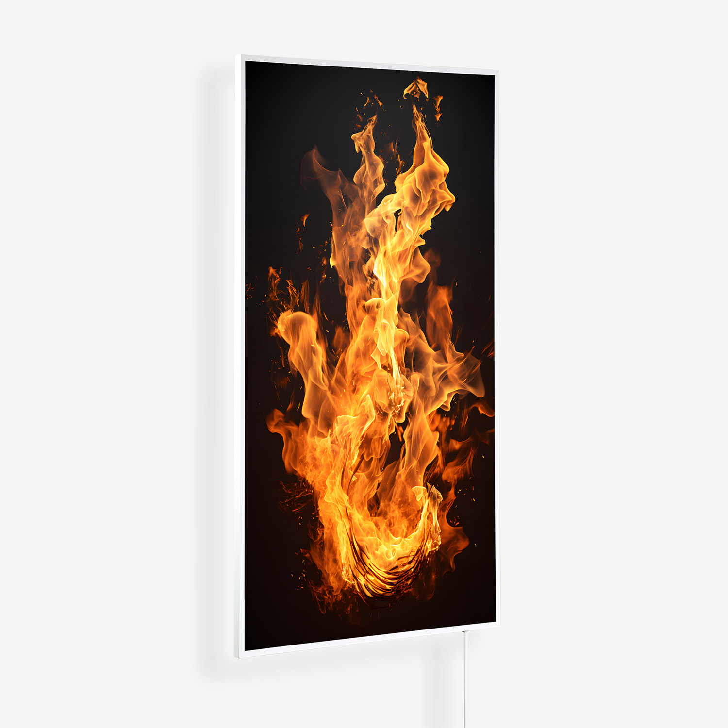 Vertical framed flame artwork mounted on a white wall with a power cord visible at the bottom