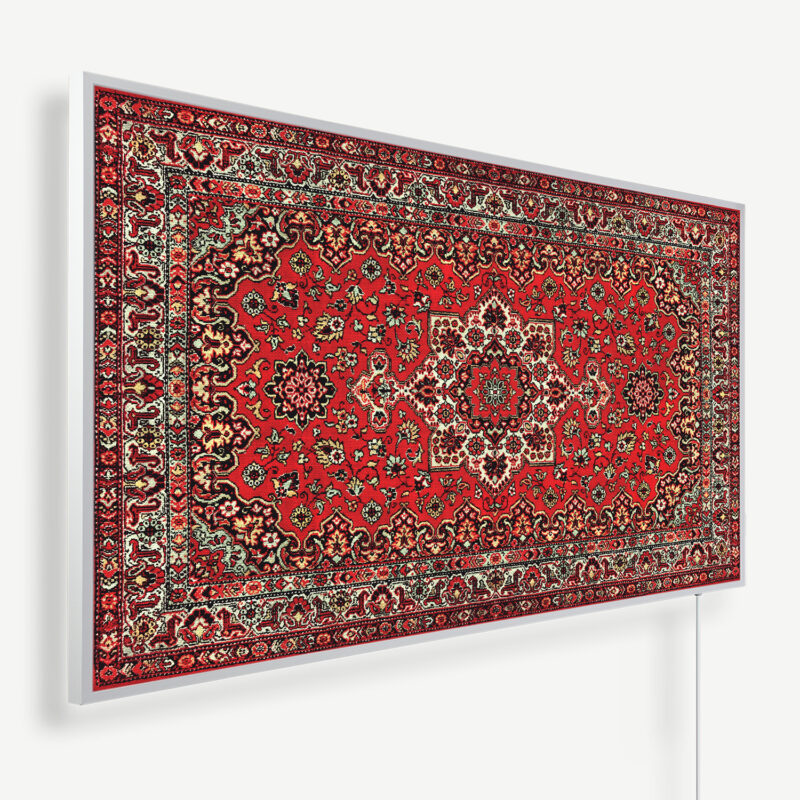 Framed red Persian rug hanging on a white wall, showing intricate floral patterns and borders.