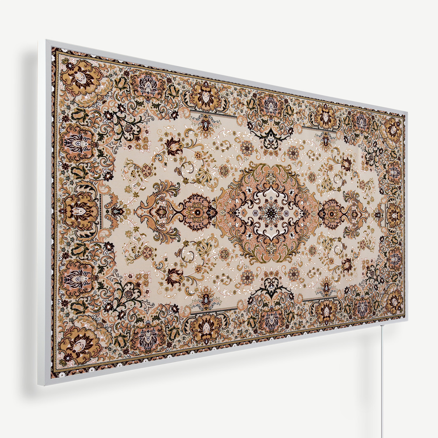 Utsmykket beige persisk-inspireret tæppe med blomsterbort hængt på en væg som kunst.