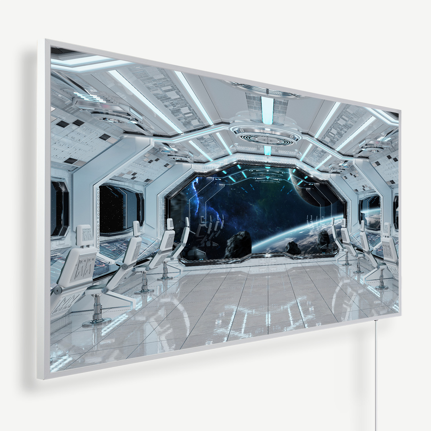 Futuristic spacecraft interior with white panels, blue neon lights, and a wide window showing space and a distant planet.